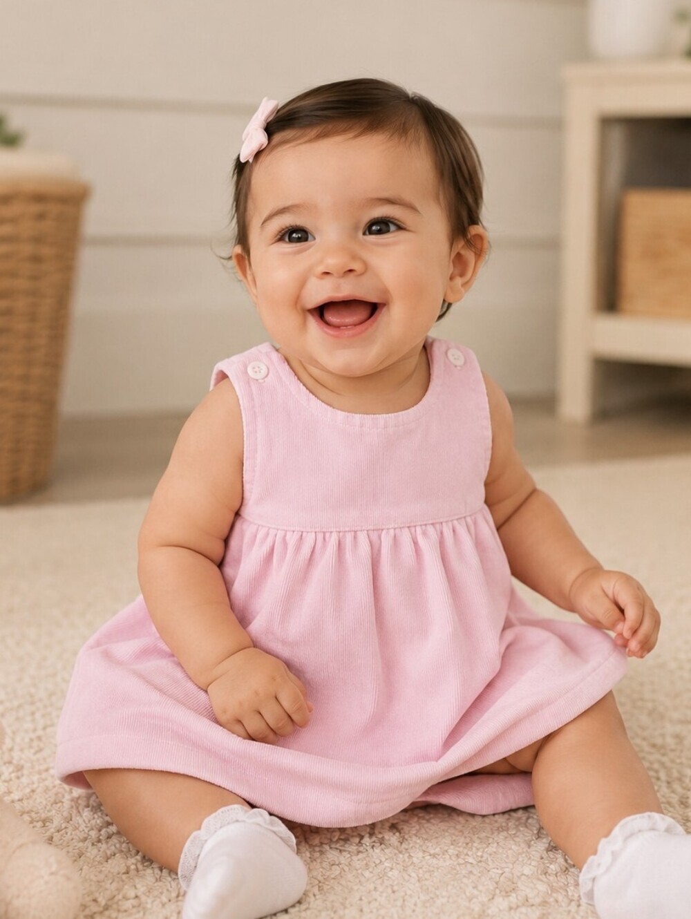 Jacadi Paris Baby Girl Pink Corduroy Pinafore Dress Baby Girl 6M 100% Cotton